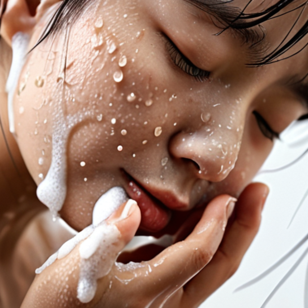 **
A close-up, macro shot of soap nuts (Sapindus trifoliatus) with water droplets, highlighting their natural, textured surface. Soft, diffused lighting. In the background, a blurred image of a person gently washing their face with a foamy cleanser. Emphasis on natural, gentle skincare. Japanese aesthetic.
**