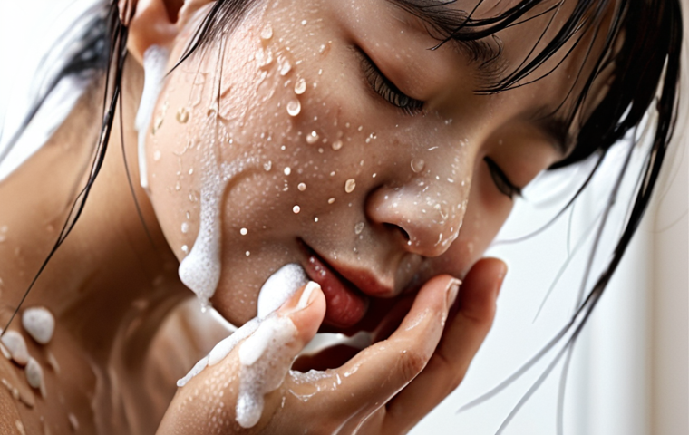 **

A close-up, macro shot of soap nuts (Sapindus trifoliatus) with water droplets, highlighting their natural, textured surface. Soft, diffused lighting. In the background, a blurred image of a person gently washing their face with a foamy cleanser. Emphasis on natural, gentle skincare. Japanese aesthetic.

**