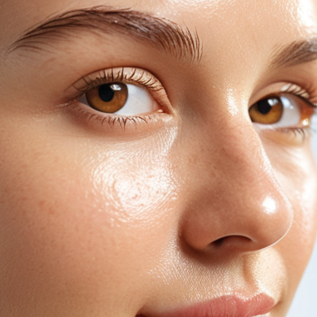 **
Close-up of a woman's face with radiant, healthy skin. Focus on the skin's texture and glow, highlighting its natural beauty. Soft, diffused lighting. Include subtle hints of natural ingredients like plant extracts or oils in the background. Keywords: natural skincare, healthy skin, glowing complexion, beauty, radiance, anti-aging, Vitamin C, skincare
**