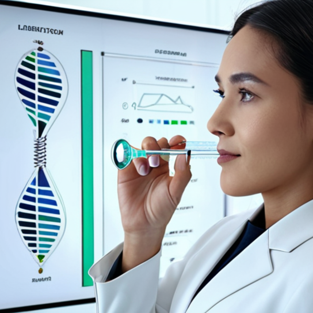 A beautiful, professional woman in a modest business suit, engaging with a futuristic, transparent holographic interface displaying intricate skin analysis data. The interface shows digital representations of DNA helix structures and botanical ingredient molecules. The setting is a clean, minimalist, high-tech studio or laboratory with subtle backlighting. Personalized cosmetic bottles with elegant, natural labels are subtly visible on a sleek surface. Cinematic lighting, professional photography, incredibly detailed, realistic, perfect anatomy, correct proportions, natural pose, well-formed hands, proper finger count, natural body proportions, fully clothed, appropriate attire, safe for work, professional, appropriate content.