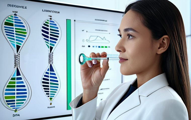 A beautiful, professional woman in a modest business suit, engaging with a futuristic, transparent holographic interface displaying intricate skin analysis data. The interface shows digital representations of DNA helix structures and botanical ingredient molecules. The setting is a clean, minimalist, high-tech studio or laboratory with subtle backlighting. Personalized cosmetic bottles with elegant, natural labels are subtly visible on a sleek surface. Cinematic lighting, professional photography, incredibly detailed, realistic, perfect anatomy, correct proportions, natural pose, well-formed hands, proper finger count, natural body proportions, fully clothed, appropriate attire, safe for work, professional, appropriate content.
