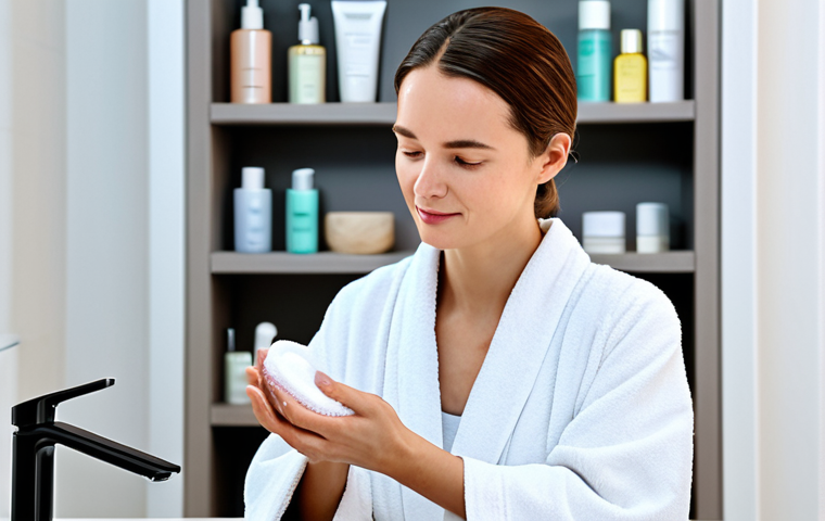 Gentle Skincare Routine**

A fully clothed woman with perfect anatomy and natural body proportions is gently cleansing her face in a bright, minimalist bathroom. She is wearing a modest, soft robe. Focus on her hands as she delicately massages a foaming cleanser. The background features blurred, high-quality skincare products on a shelf. safe for work, appropriate content, fully clothed, modest, family-friendly, professional.

**