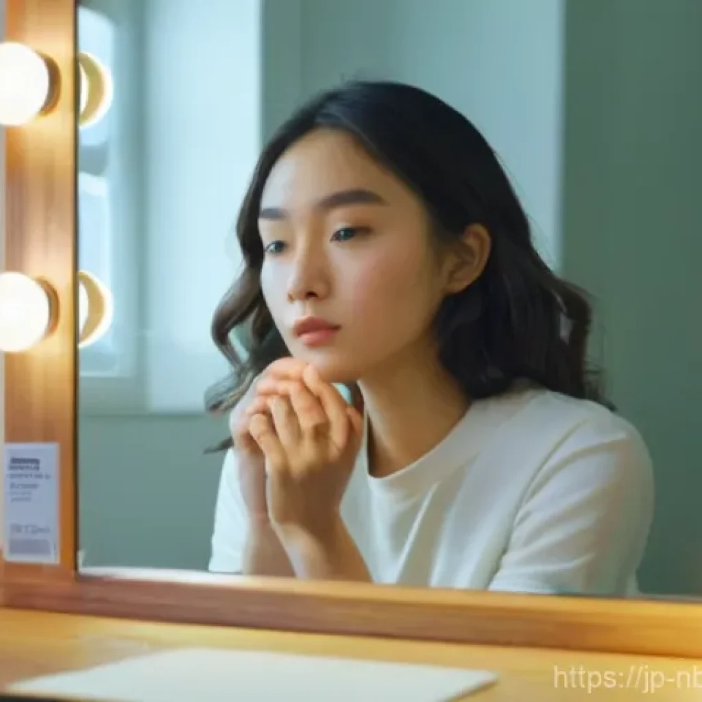 천연화장품 환불 및 교환 기준 - **Prompt:** A young woman, dressed in comfortable, modest clothing, sits at a brightly lit vanity ta...