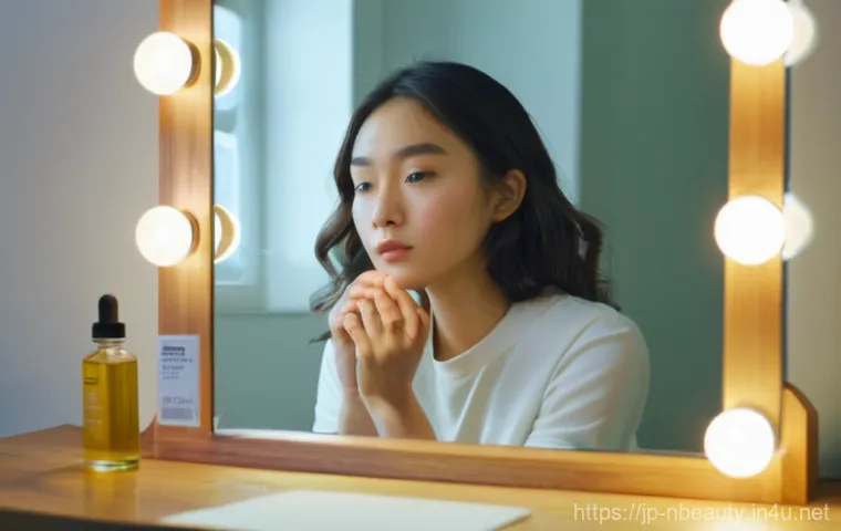 천연화장품 환불 및 교환 기준 - **Prompt:** A young woman, dressed in comfortable, modest clothing, sits at a brightly lit vanity ta...