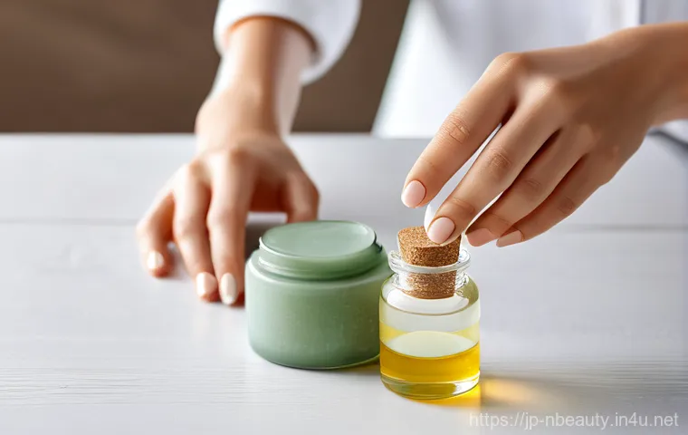 천연화장품으로 피부 장벽 강화하는 법 - **Prompt: A serene and happy young woman, in her late 20s to early 30s, gently touching her smooth, ...