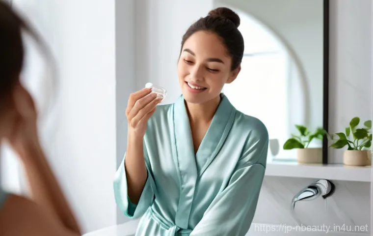 천연화장품으로 피부 장벽 강화하는 법 - **Prompt: A close-up shot of a graceful hand, belonging to a woman in her 20s to 30s, gently applyin...
